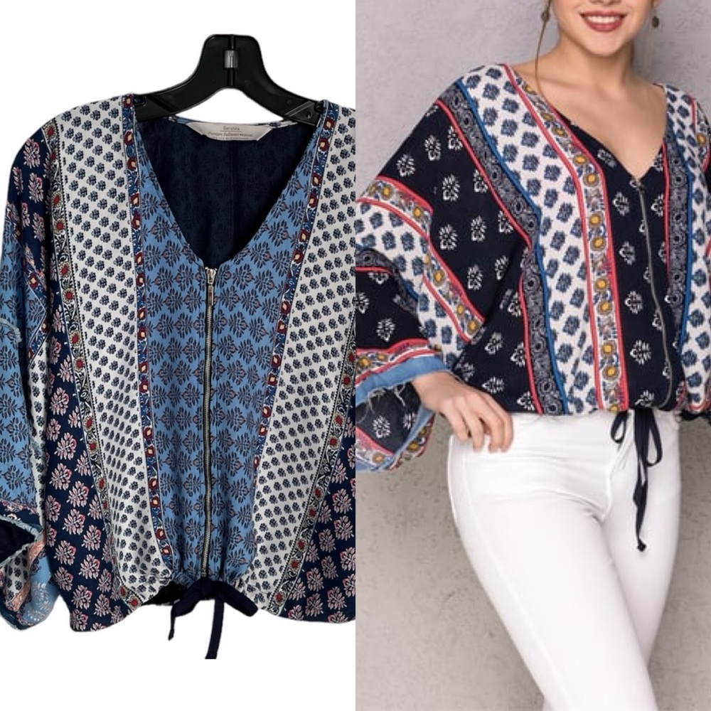 BERSHKA ZIP UP BOHO TOP SIZE S
